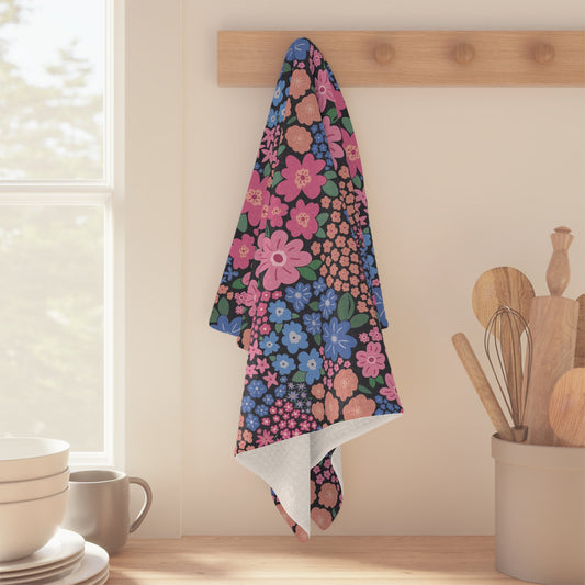Garden Whimsy Floral in Cottage Pinks on Dark Microfiber Waffle Kitchen Towel - Flourish Moon Studio