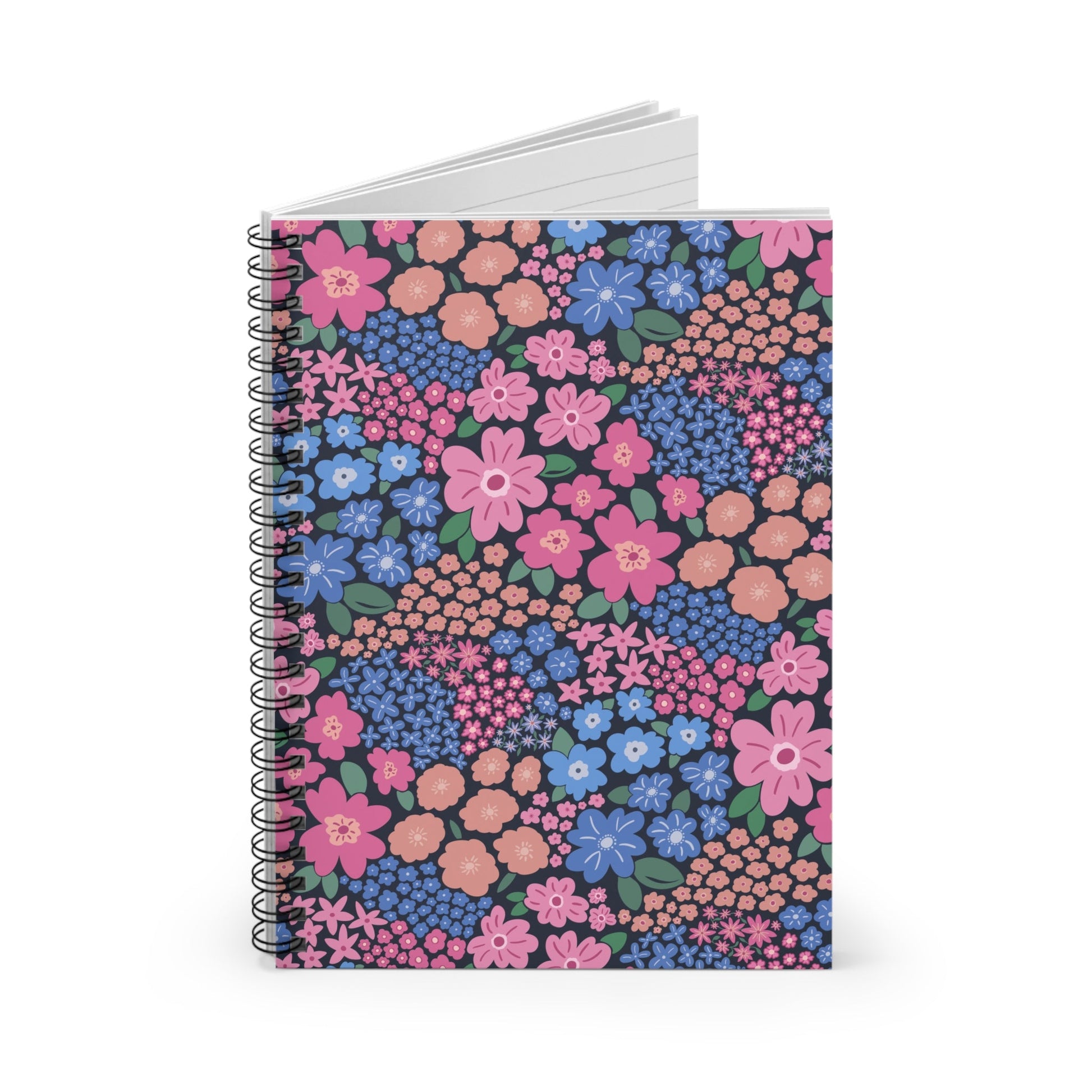 Garden Whimsy Floral in Cottage Pinks on Dark Spiral Notebook with hand - drawn artwork - Flourish Moon Studio