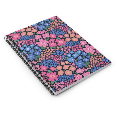 Garden Whimsy Floral in Cottage Pinks on Dark Spiral Notebook with hand - drawn artwork - Flourish Moon Studio
