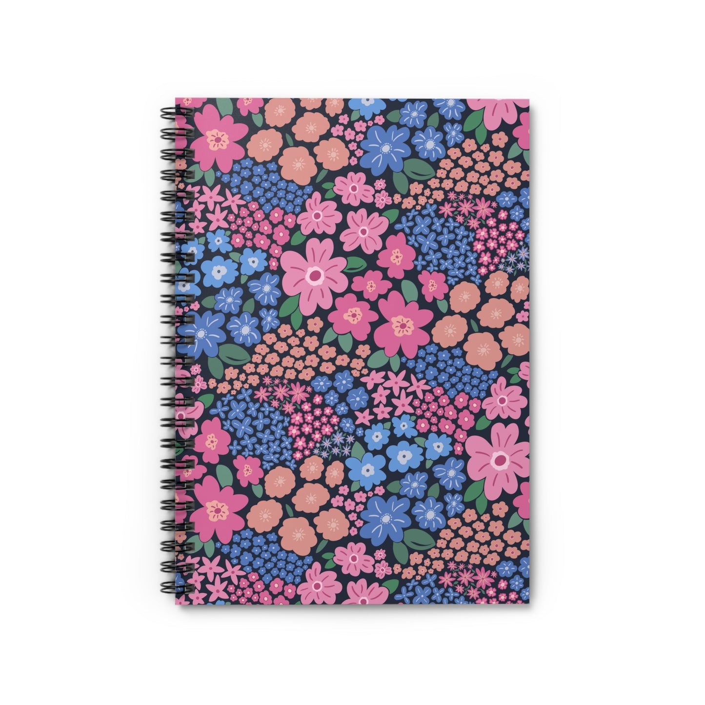 Garden Whimsy Floral in Cottage Pinks on Dark Spiral Notebook with hand - drawn artwork - Flourish Moon Studio