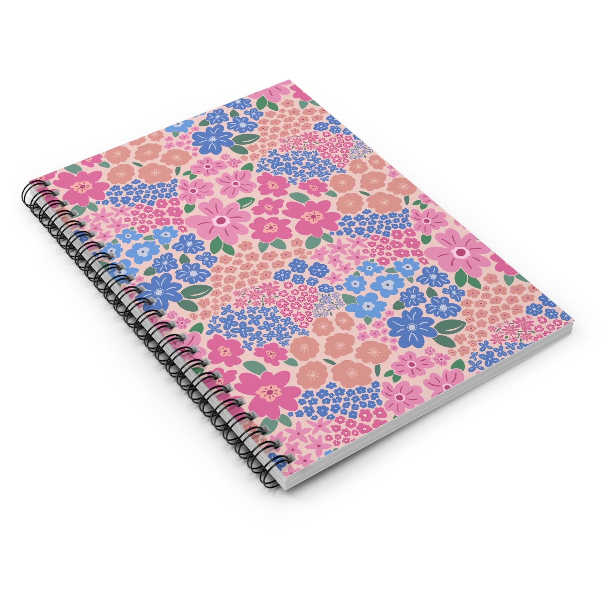 Garden Whimsy Floral in Cottage Pinks Spiral Notebook with hand - drawn artwork - Flourish Moon Studio