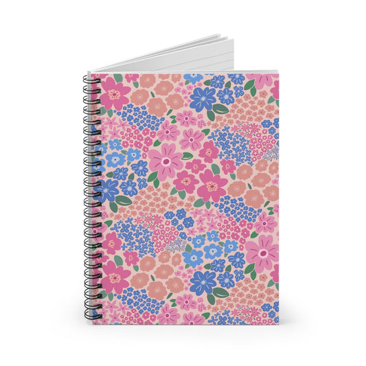 Garden Whimsy Floral in Cottage Pinks Spiral Notebook with hand - drawn artwork - Flourish Moon Studio