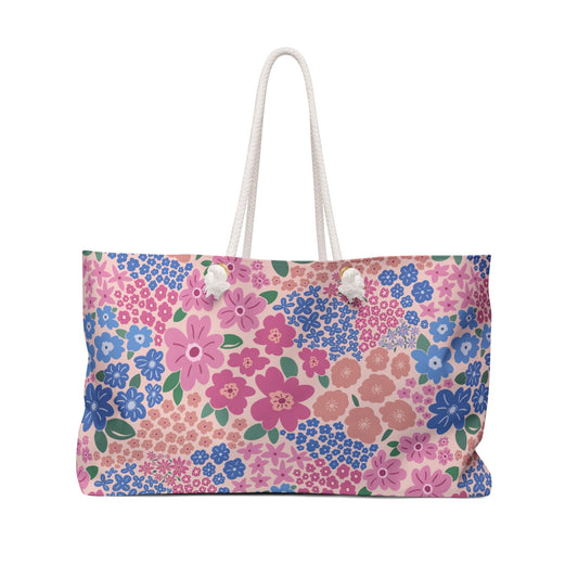 Garden Whimsy Floral in Cottage Pinks Weekender Bag with hand - drawn artwork - Flourish Moon Studio