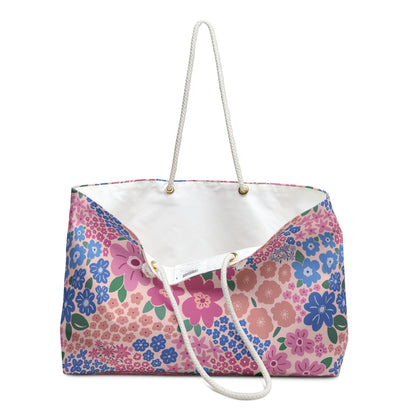 Garden Whimsy Floral in Cottage Pinks Weekender Bag with hand - drawn artwork - Flourish Moon Studio
