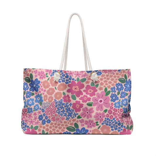 Garden Whimsy Floral in Cottage Pinks Weekender Bag with hand - drawn artwork - Flourish Moon Studio