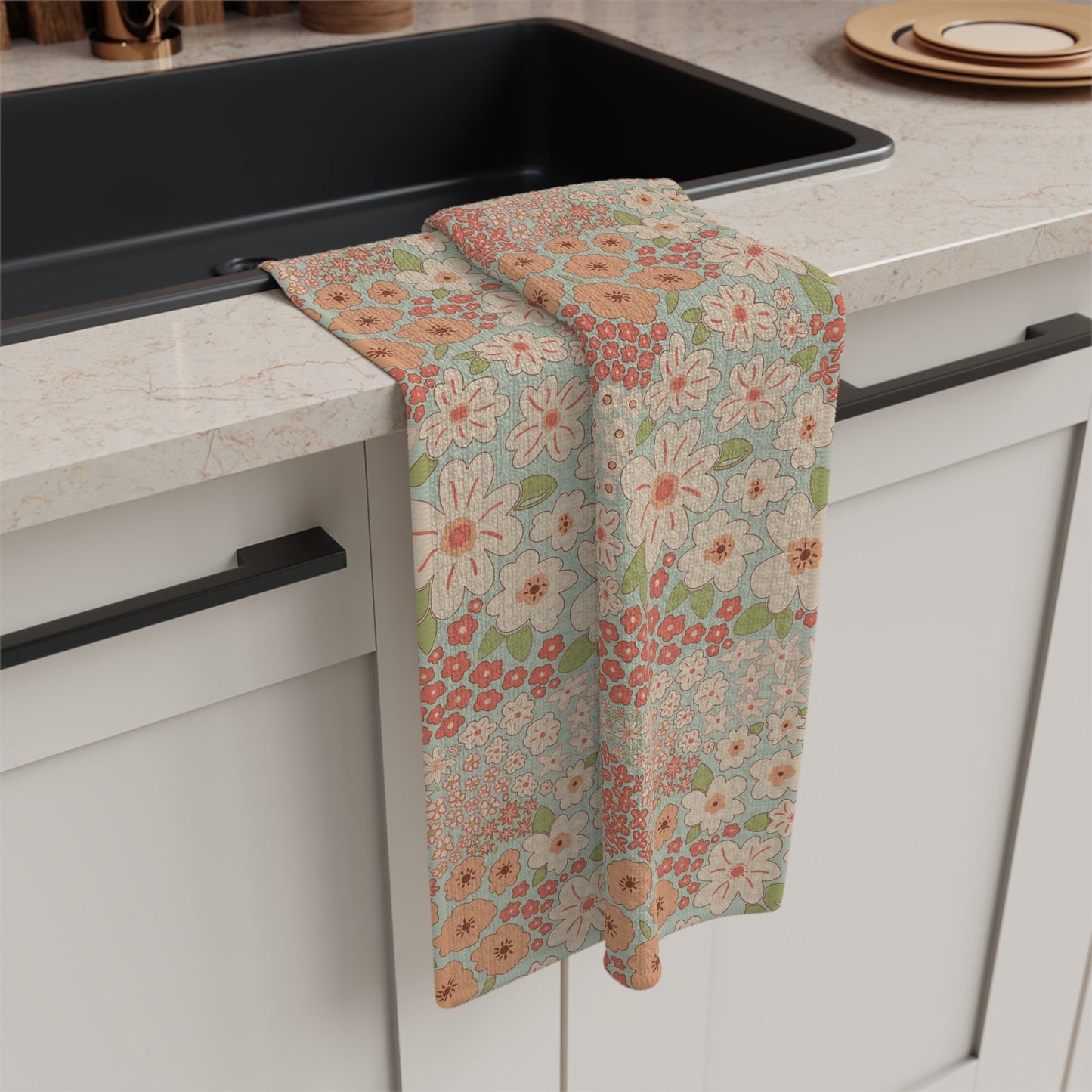 Garden Whimsy Floral in Cream & Coral Microfiber Waffle Kitchen Towel with hand - drawn artwork - Flourish Moon Studio