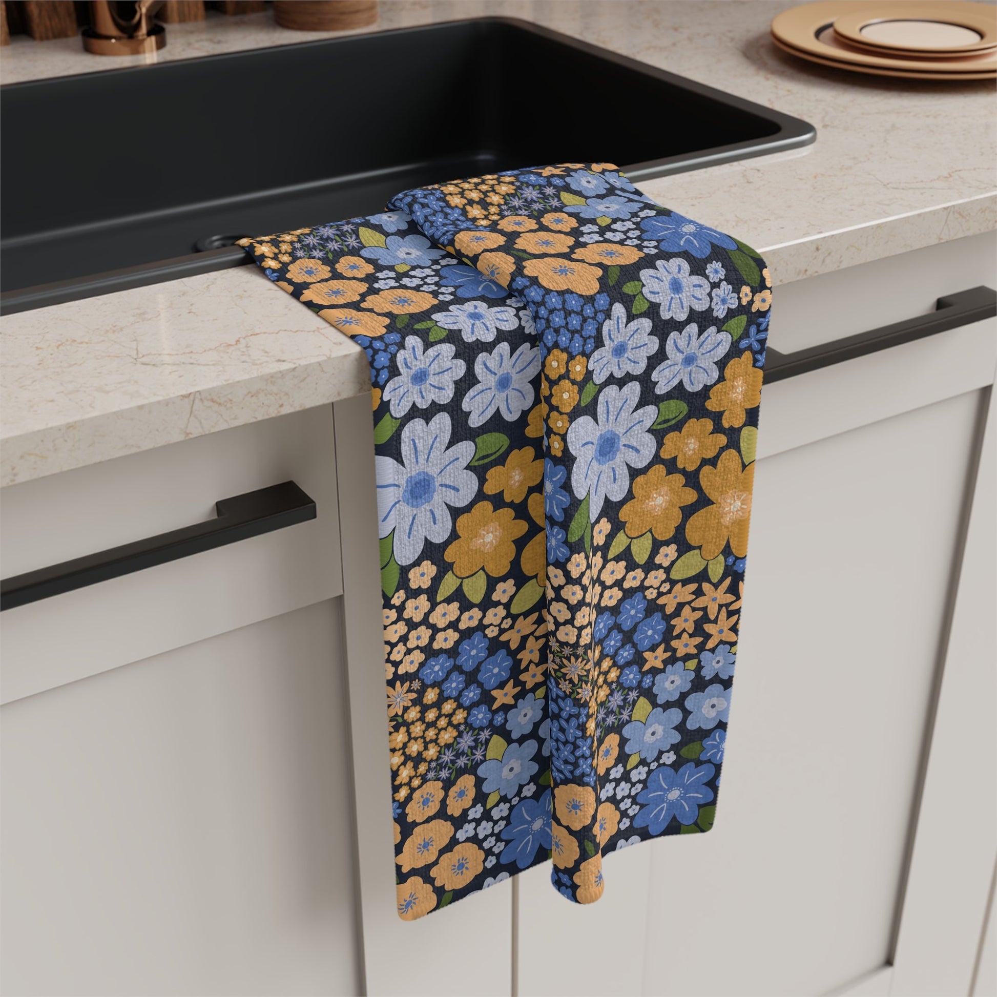 Garden Whimsy Floral in Marigold & Cornflower Microfiber Waffle Kitchen Towel - Flourish Moon Studio