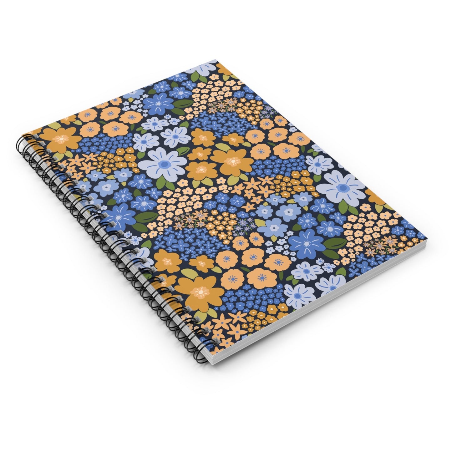 Garden Whimsy Floral in Marigold & Cornflower Spiral Notebook with hand - drawn artwork - Flourish Moon Studio