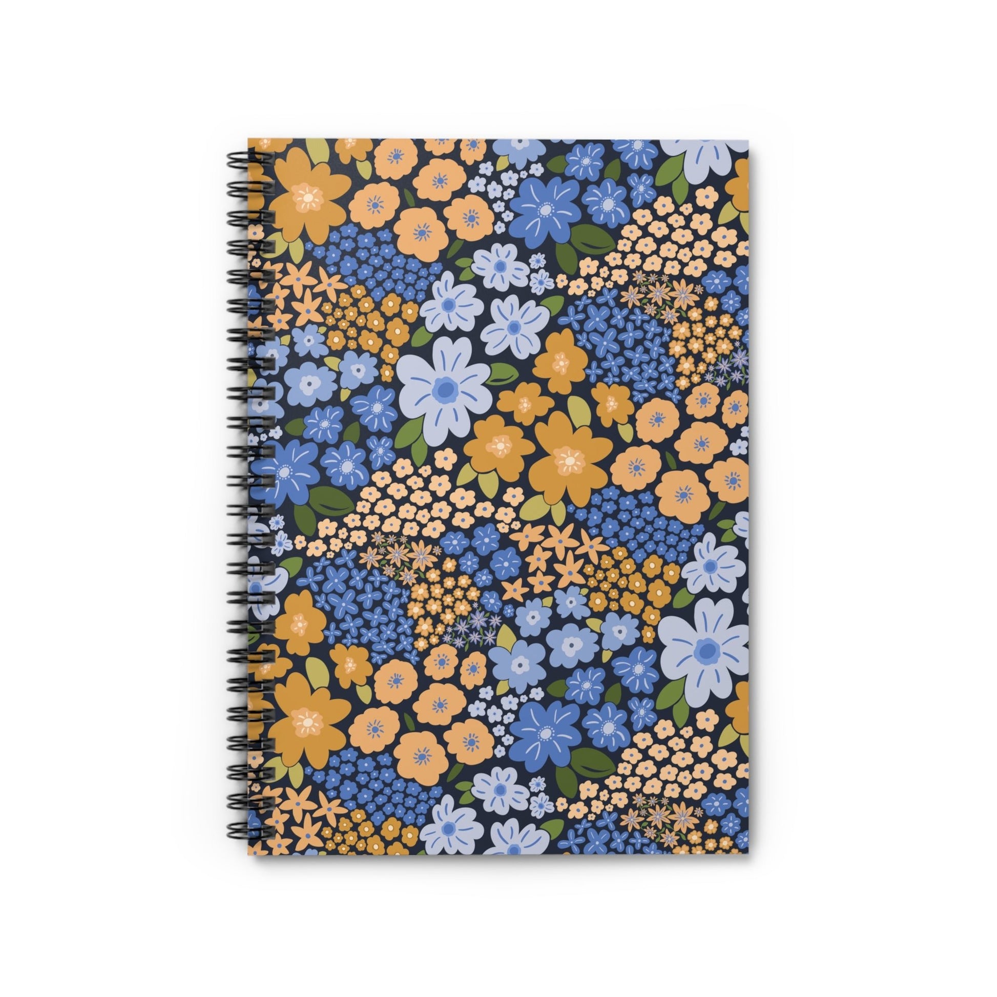 Garden Whimsy Floral in Marigold & Cornflower Spiral Notebook with hand - drawn artwork - Flourish Moon Studio