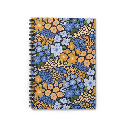 Garden Whimsy Floral in Marigold & Cornflower Spiral Notebook with hand - drawn artwork - Flourish Moon Studio
