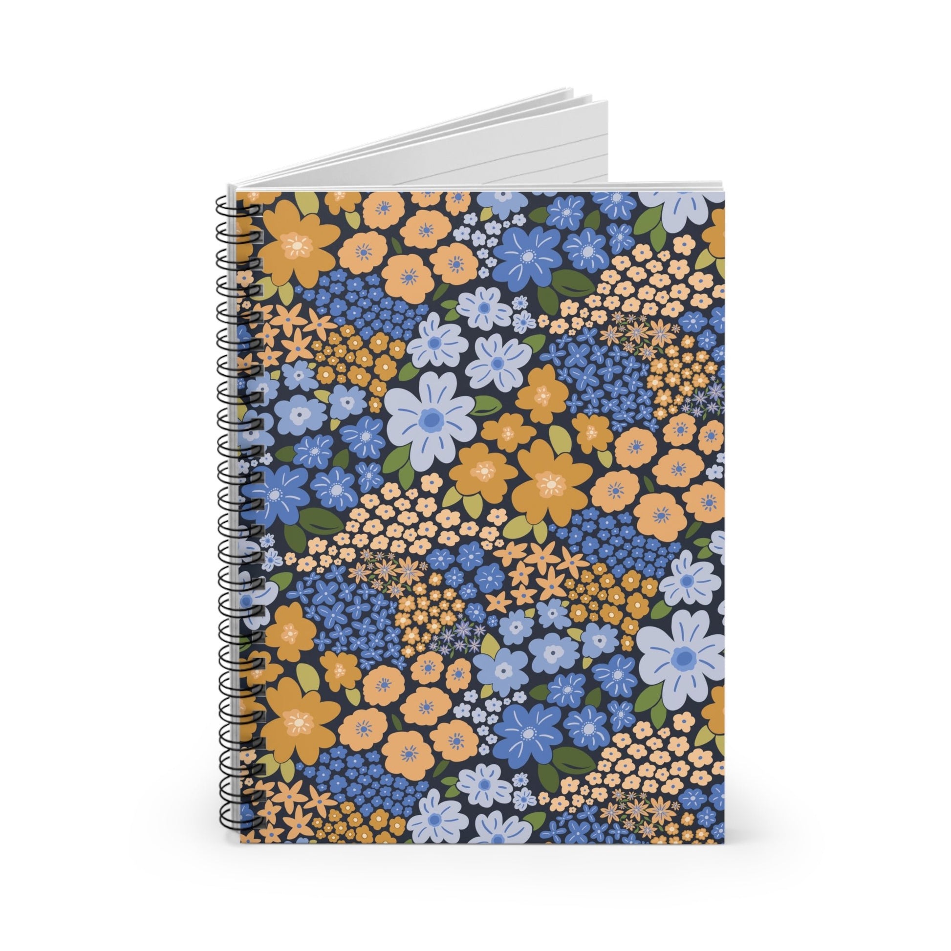 Garden Whimsy Floral in Marigold & Cornflower Spiral Notebook with hand - drawn artwork - Flourish Moon Studio
