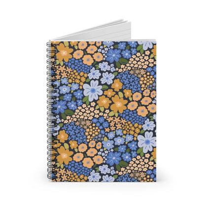 Garden Whimsy Floral in Marigold & Cornflower Spiral Notebook with hand - drawn artwork - Flourish Moon Studio