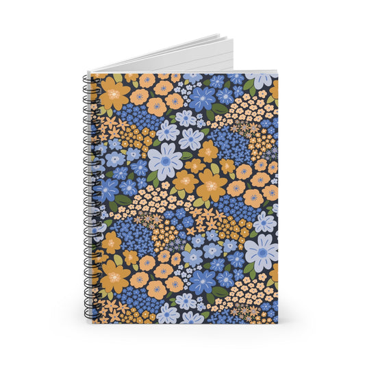 Garden Whimsy Floral in Marigold & Cornflower Spiral Notebook with hand - drawn artwork - Flourish Moon Studio