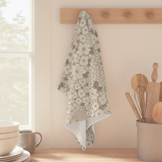 Garden Whimsy Floral in Mushroom Microfiber Waffle Kitchen Towel with hand - drawn artwork - Flourish Moon Studio