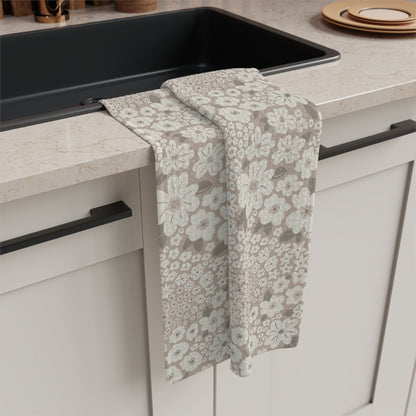 Garden Whimsy Floral in Mushroom Microfiber Waffle Kitchen Towel with hand - drawn artwork - Flourish Moon Studio