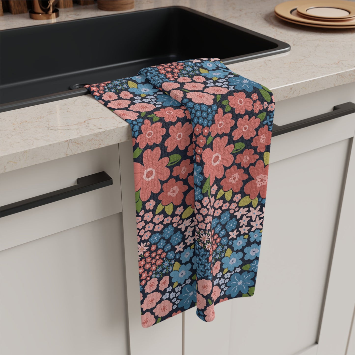 Garden Whimsy Floral in Peach & Blue Microfiber Waffle Kitchen Towel with hand - drawn artwork - Flourish Moon Studio