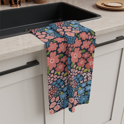 Garden Whimsy Floral in Peach & Blue Microfiber Waffle Kitchen Towel with hand - drawn artwork - Flourish Moon Studio
