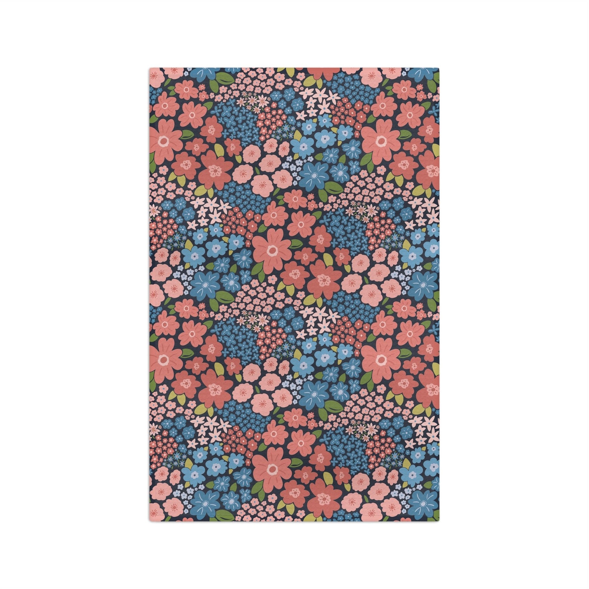 Garden Whimsy Floral in Peach & Blue Microfiber Waffle Kitchen Towel with hand - drawn artwork - Flourish Moon Studio