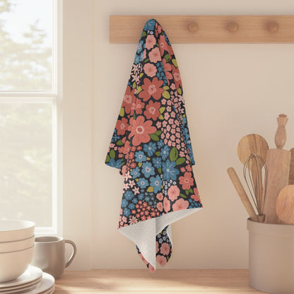 Garden Whimsy Floral in Peach & Blue Microfiber Waffle Kitchen Towel with hand - drawn artwork - Flourish Moon Studio