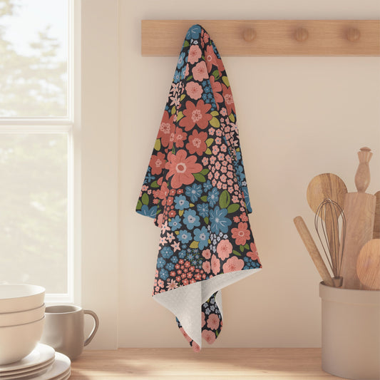 Garden Whimsy Floral in Peach & Blue Microfiber Waffle Kitchen Towel with hand - drawn artwork - Flourish Moon Studio