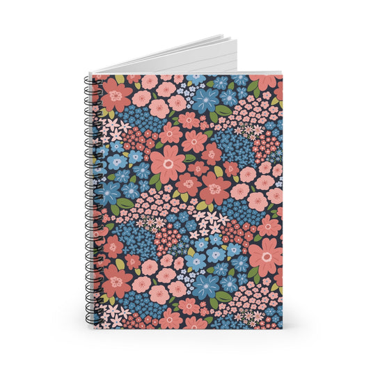 Garden Whimsy Floral in Peach & Blue Spiral Notebook with hand - drawn artwork - Flourish Moon Studio