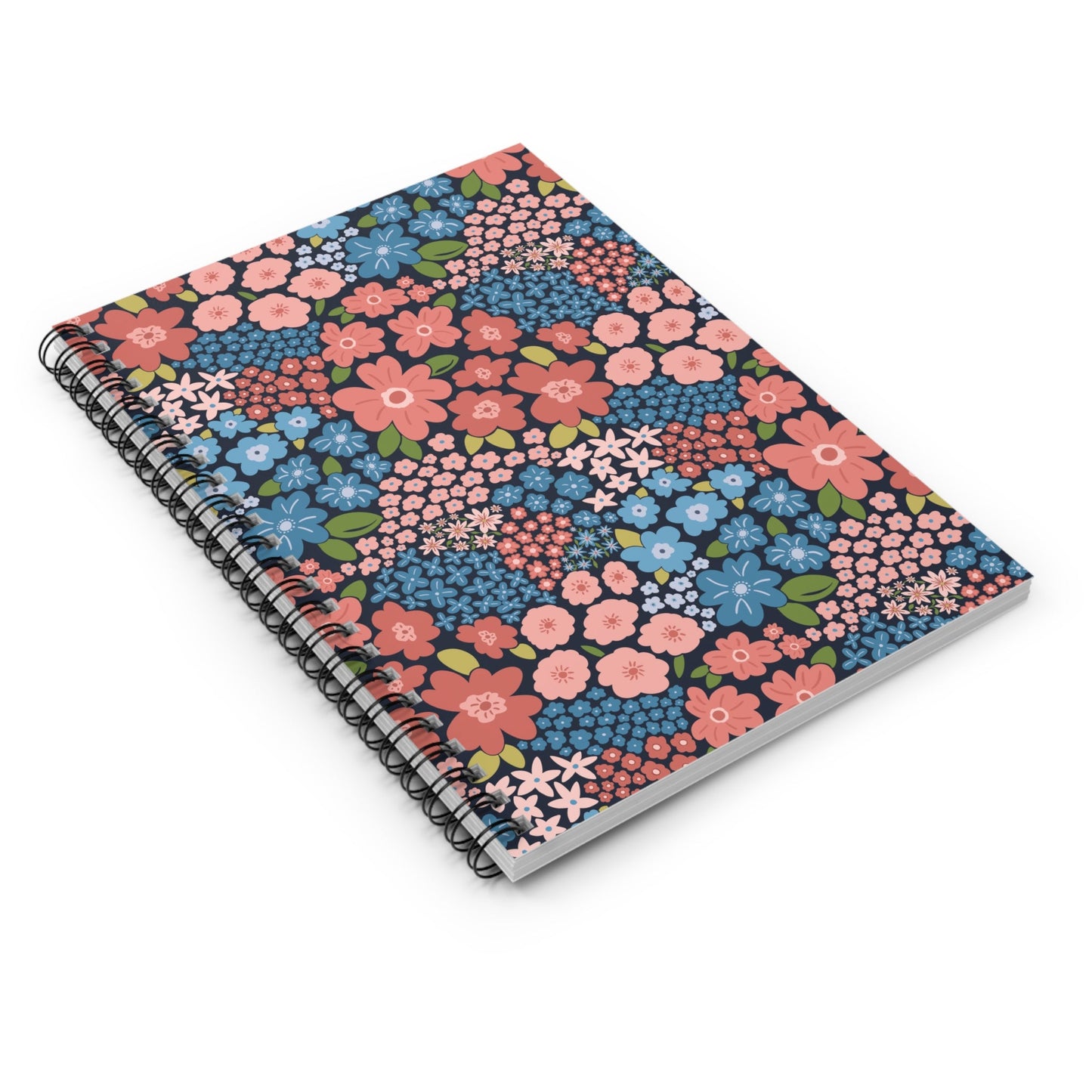 Garden Whimsy Floral in Peach & Blue Spiral Notebook with hand - drawn artwork - Flourish Moon Studio