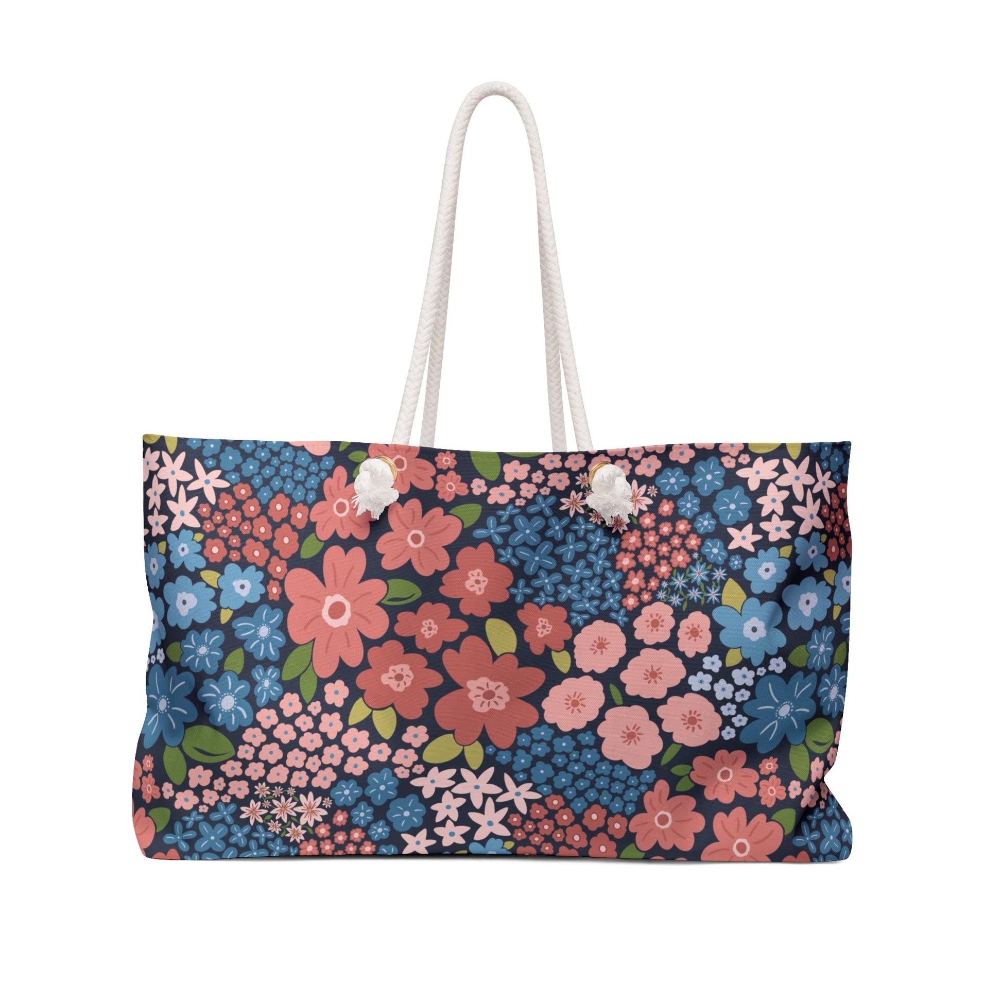 Garden Whimsy Floral in Peach & Blue Weekender Bag with hand - drawn artwork - Flourish Moon Studio