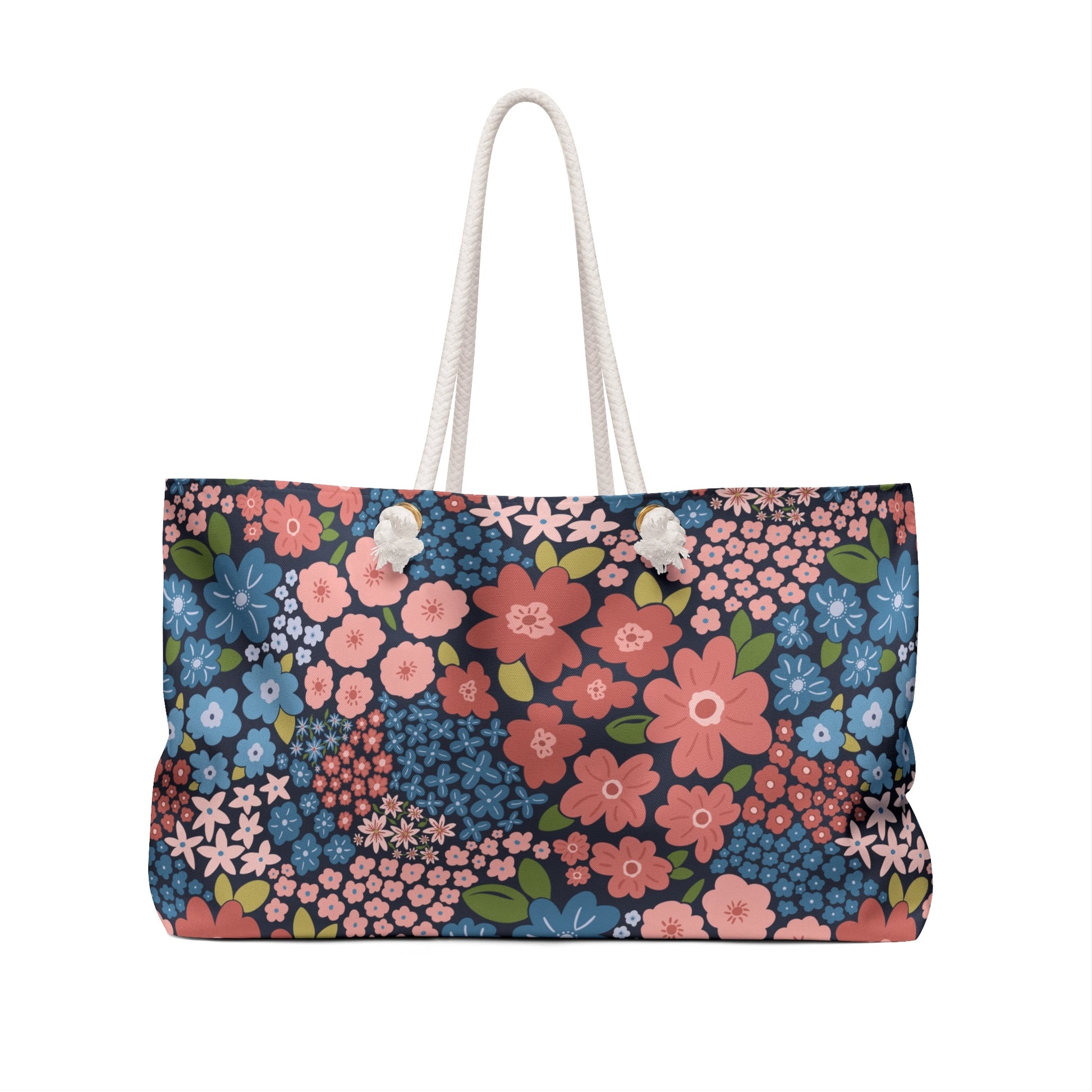 Garden Whimsy Floral in Peach & Blue Weekender Bag with hand - drawn artwork - Flourish Moon Studio