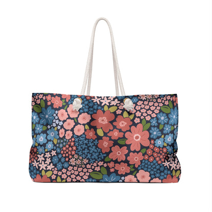 Garden Whimsy Floral in Peach & Blue Weekender Bag with hand - drawn artwork - Flourish Moon Studio