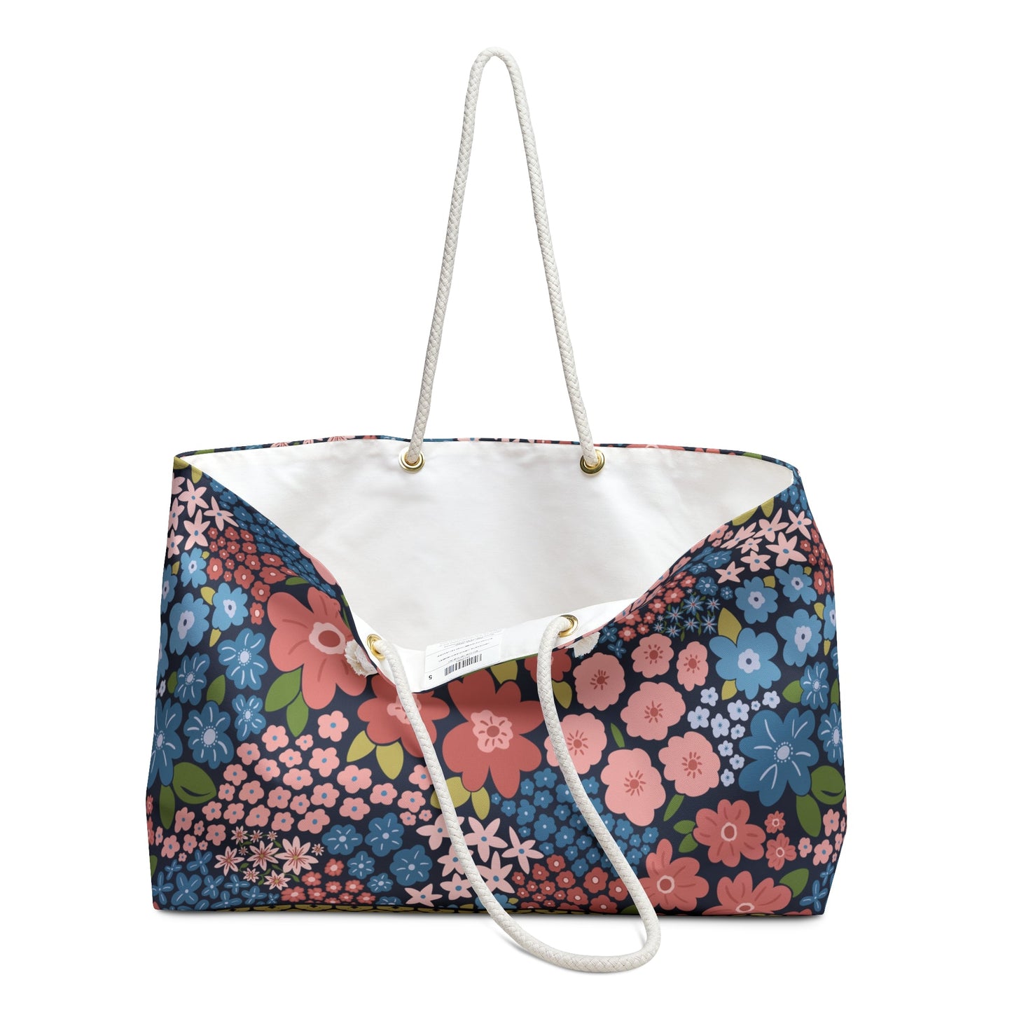 Garden Whimsy Floral in Peach & Blue Weekender Bag with hand - drawn artwork - Flourish Moon Studio