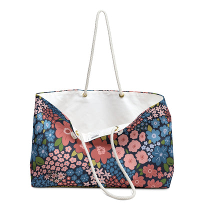 Garden Whimsy Floral in Peach & Blue Weekender Bag with hand - drawn artwork - Flourish Moon Studio