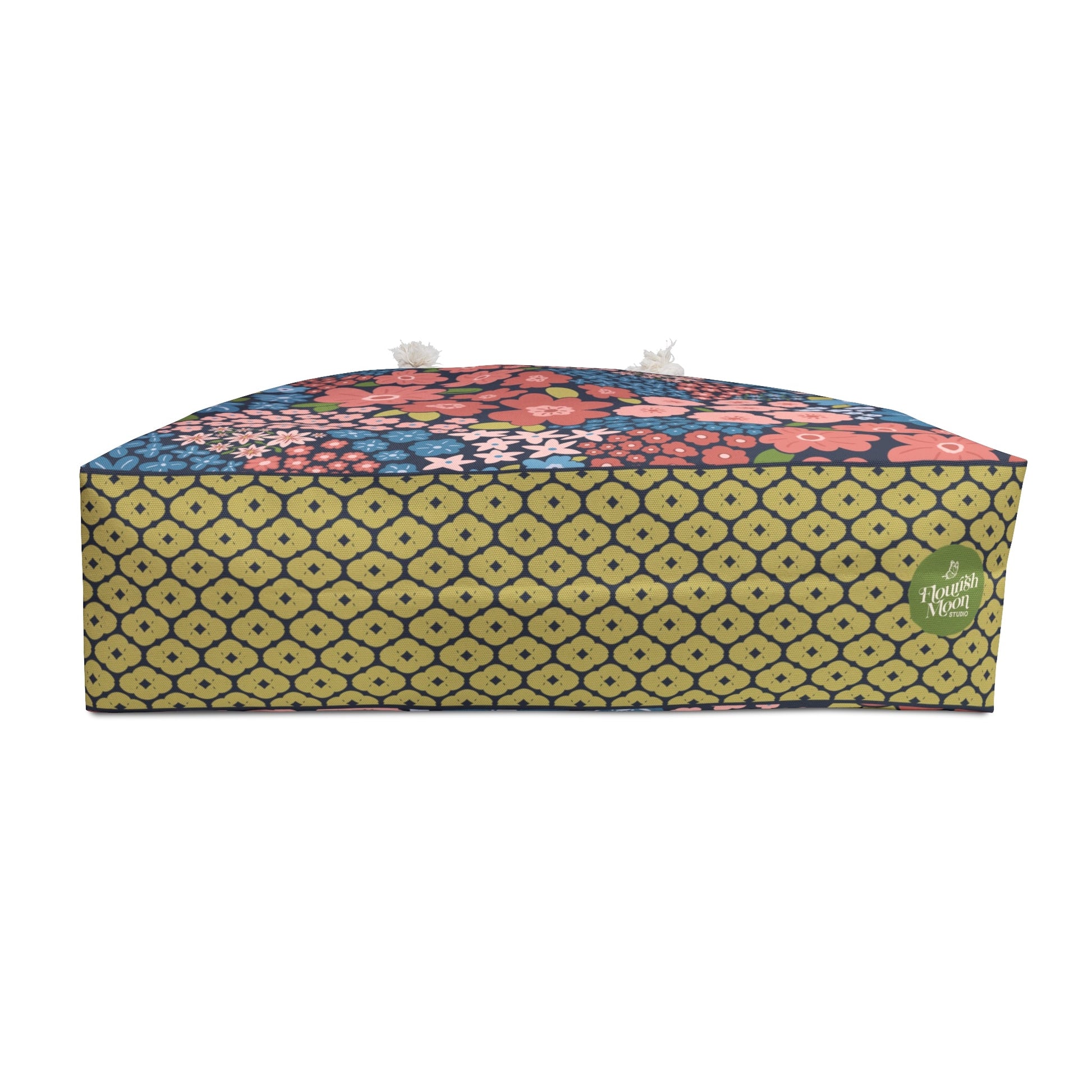 Garden Whimsy Floral in Peach & Blue Weekender Bag with hand - drawn artwork - Flourish Moon Studio