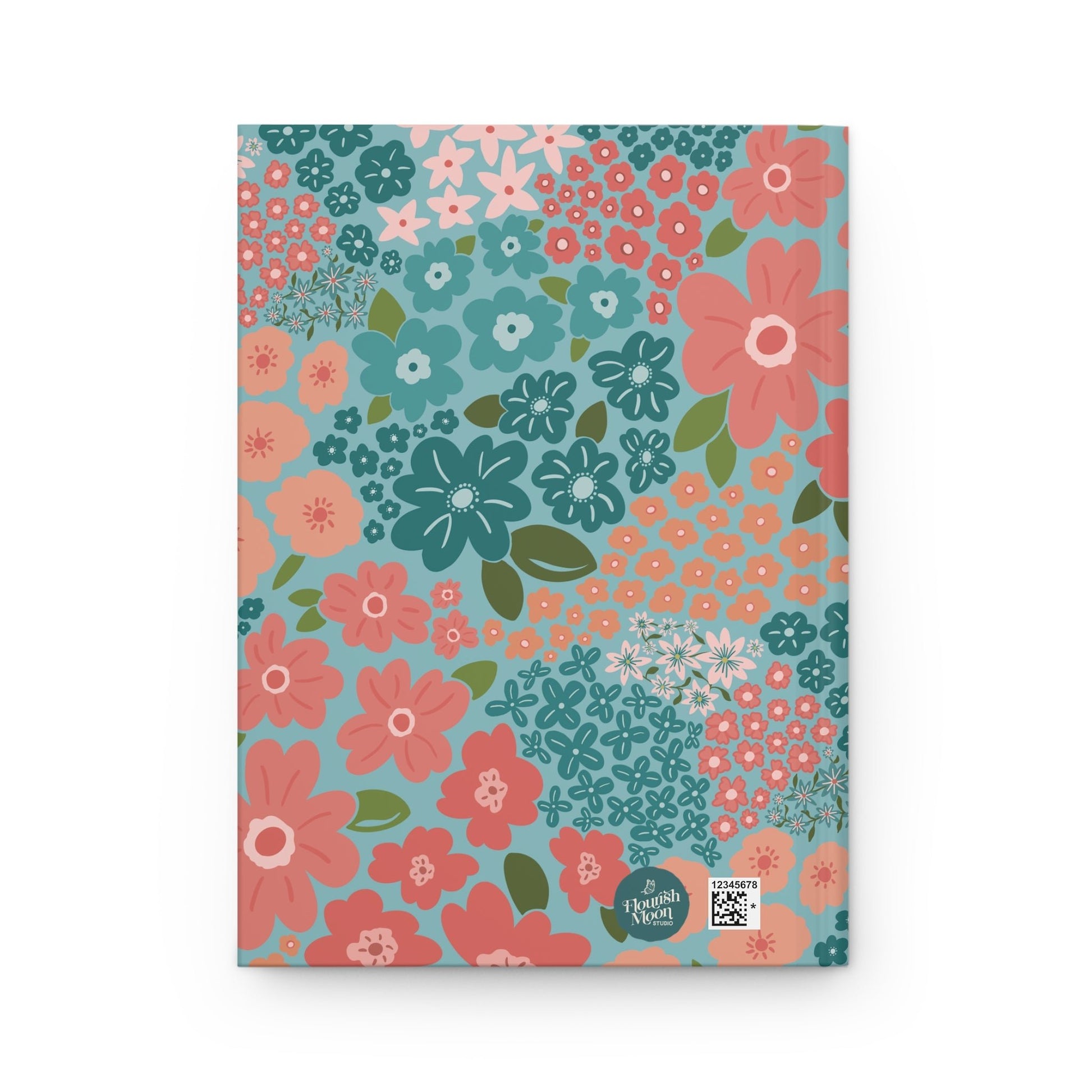 Garden Whimsy Floral in Teal & Coral Hardcover Journal with hand - drawn artwork - Flourish Moon Studio