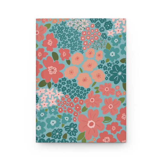 Garden Whimsy Floral in Teal & Coral Hardcover Journal with hand - drawn artwork - Flourish Moon Studio