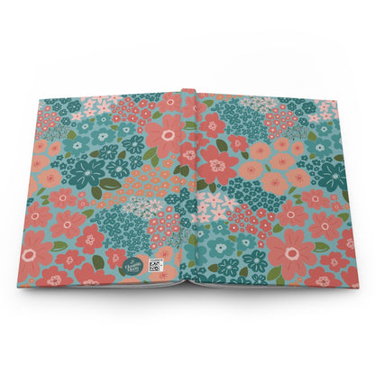 Garden Whimsy Floral in Teal & Coral Hardcover Journal with hand - drawn artwork - Flourish Moon Studio