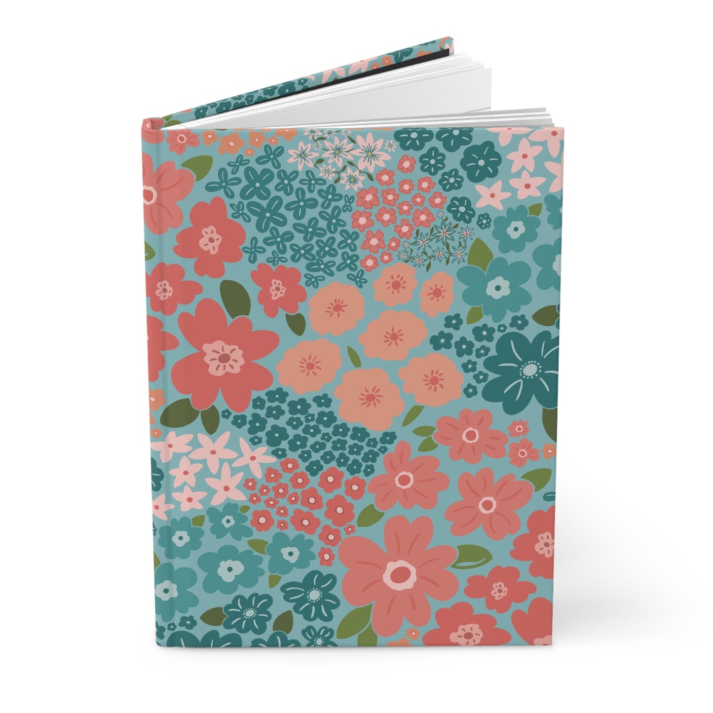 Garden Whimsy Floral in Teal & Coral Hardcover Journal with hand - drawn artwork - Flourish Moon Studio