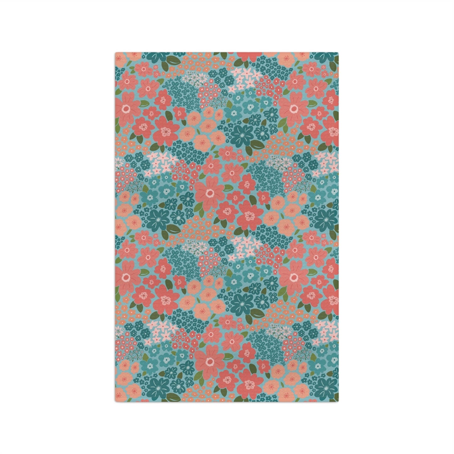 Garden Whimsy Floral in Teal & Coral Microfiber Waffle Kitchen Towel with hand - drawn artwork - Flourish Moon Studio