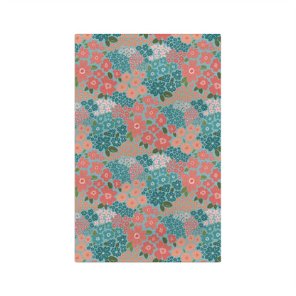 Garden Whimsy Floral in Teal & Coral Microfiber Waffle Kitchen Towel with hand - drawn artwork - Flourish Moon Studio