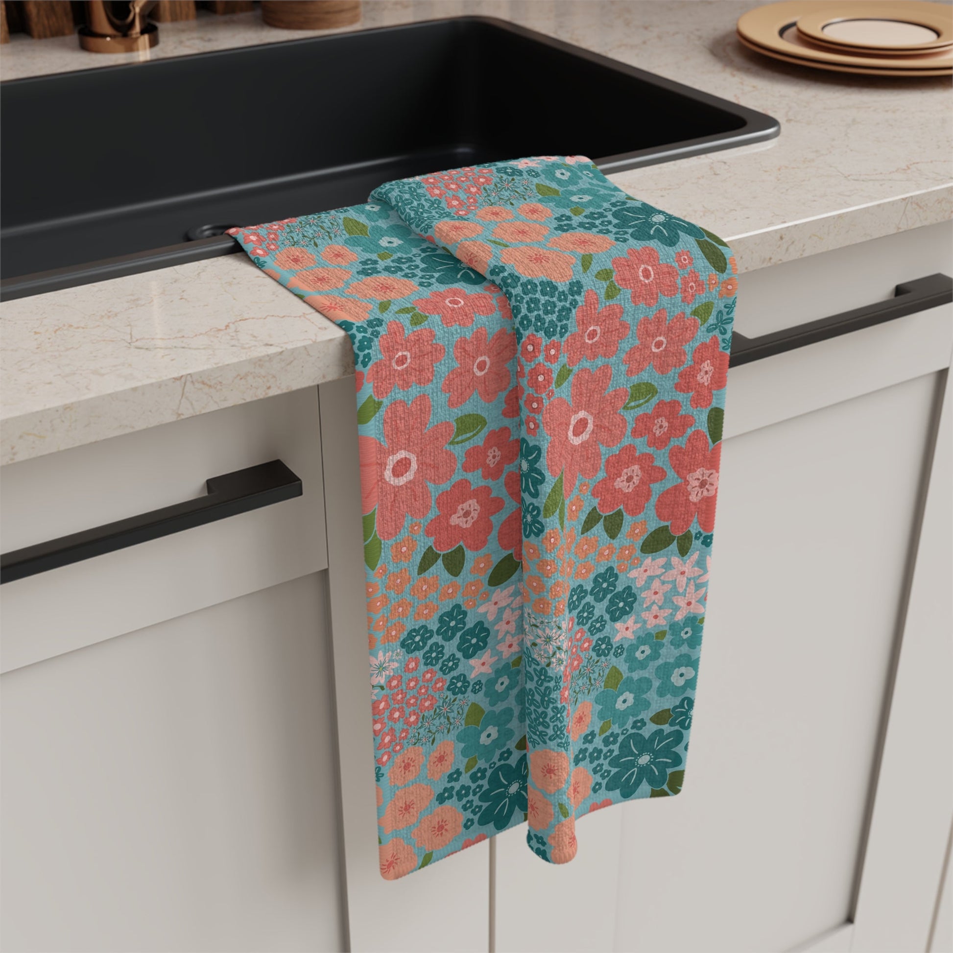 Garden Whimsy Floral in Teal & Coral Microfiber Waffle Kitchen Towel with hand - drawn artwork - Flourish Moon Studio