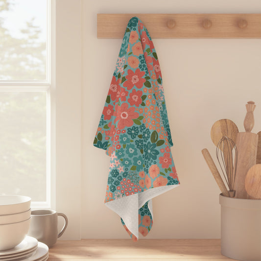 Garden Whimsy Floral in Teal & Coral Microfiber Waffle Kitchen Towel with hand - drawn artwork - Flourish Moon Studio