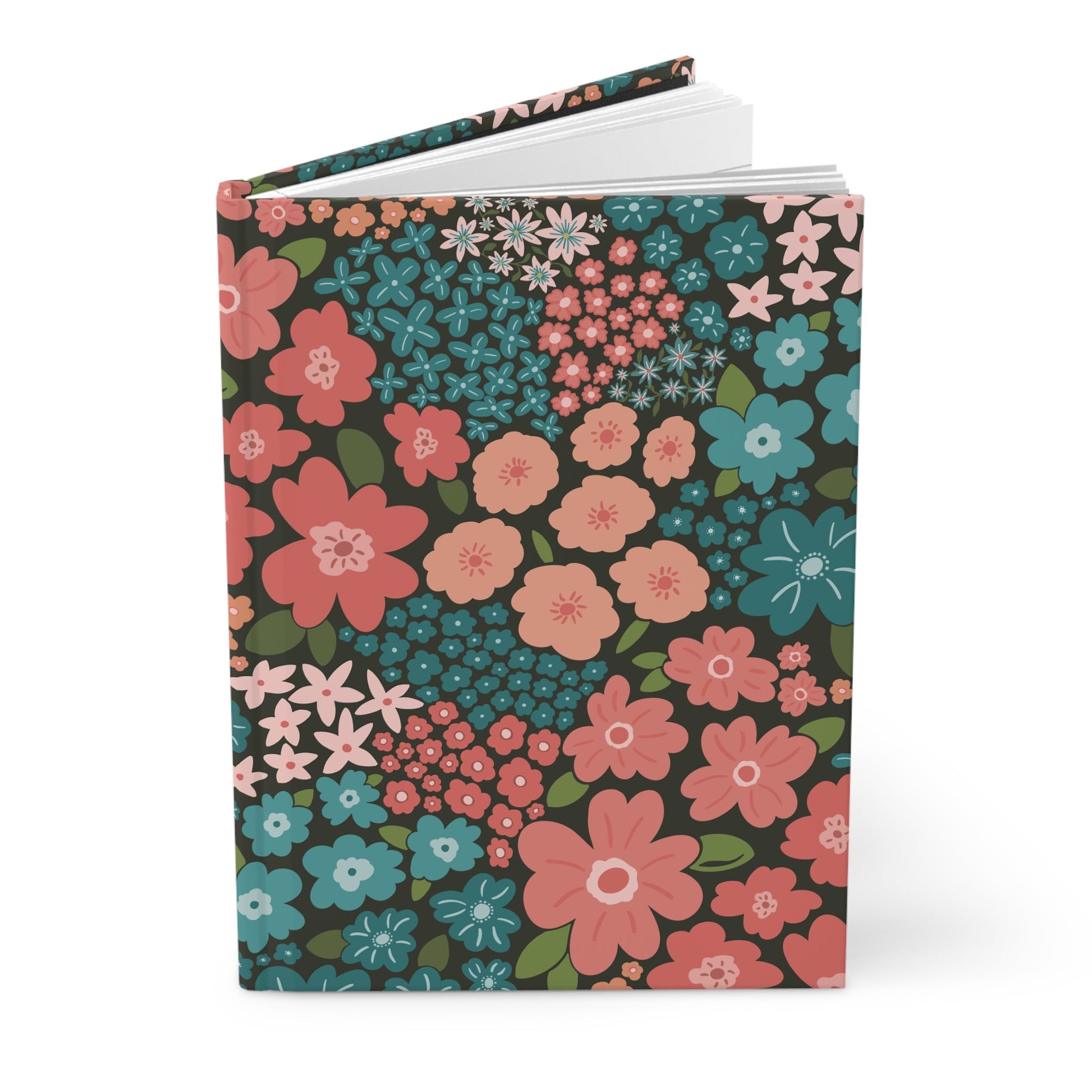 Garden Whimsy Floral in Teal & Coral on Deep Green Hardcover Journal with hand - drawn artwork - Flourish Moon Studio