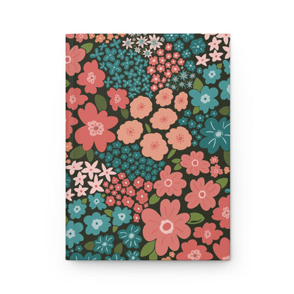 Garden Whimsy Floral in Teal & Coral on Deep Green Hardcover Journal with hand - drawn artwork - Flourish Moon Studio