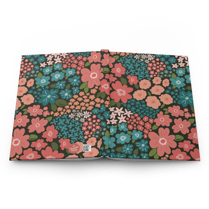 Garden Whimsy Floral in Teal & Coral on Deep Green Hardcover Journal with hand - drawn artwork - Flourish Moon Studio