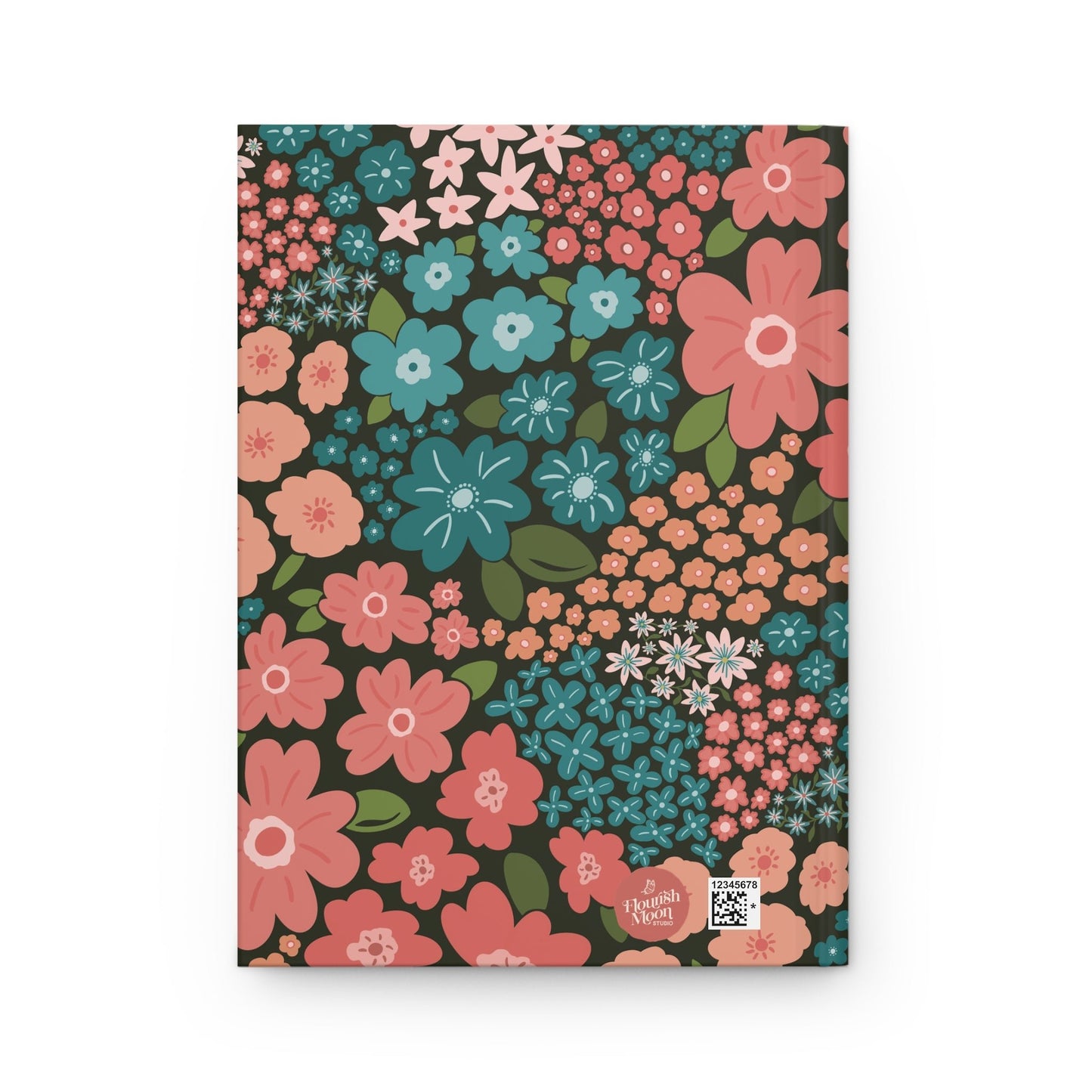 Garden Whimsy Floral in Teal & Coral on Deep Green Hardcover Journal with hand - drawn artwork - Flourish Moon Studio
