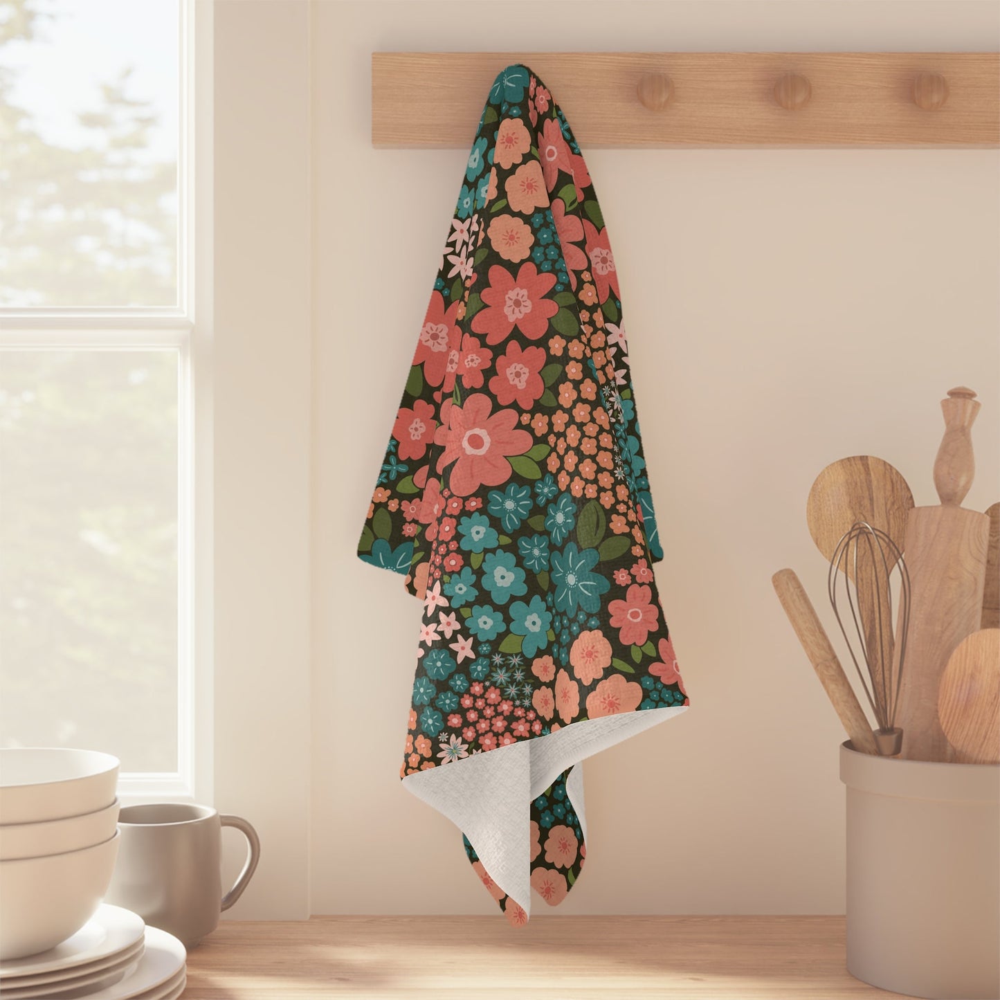 Garden Whimsy Floral in Teal & Coral on Deep Green Microfiber Waffle Kitchen Towel - Flourish Moon Studio