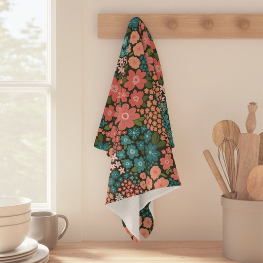 Garden Whimsy Floral in Teal & Coral on Deep Green Microfiber Waffle Kitchen Towel - Flourish Moon Studio