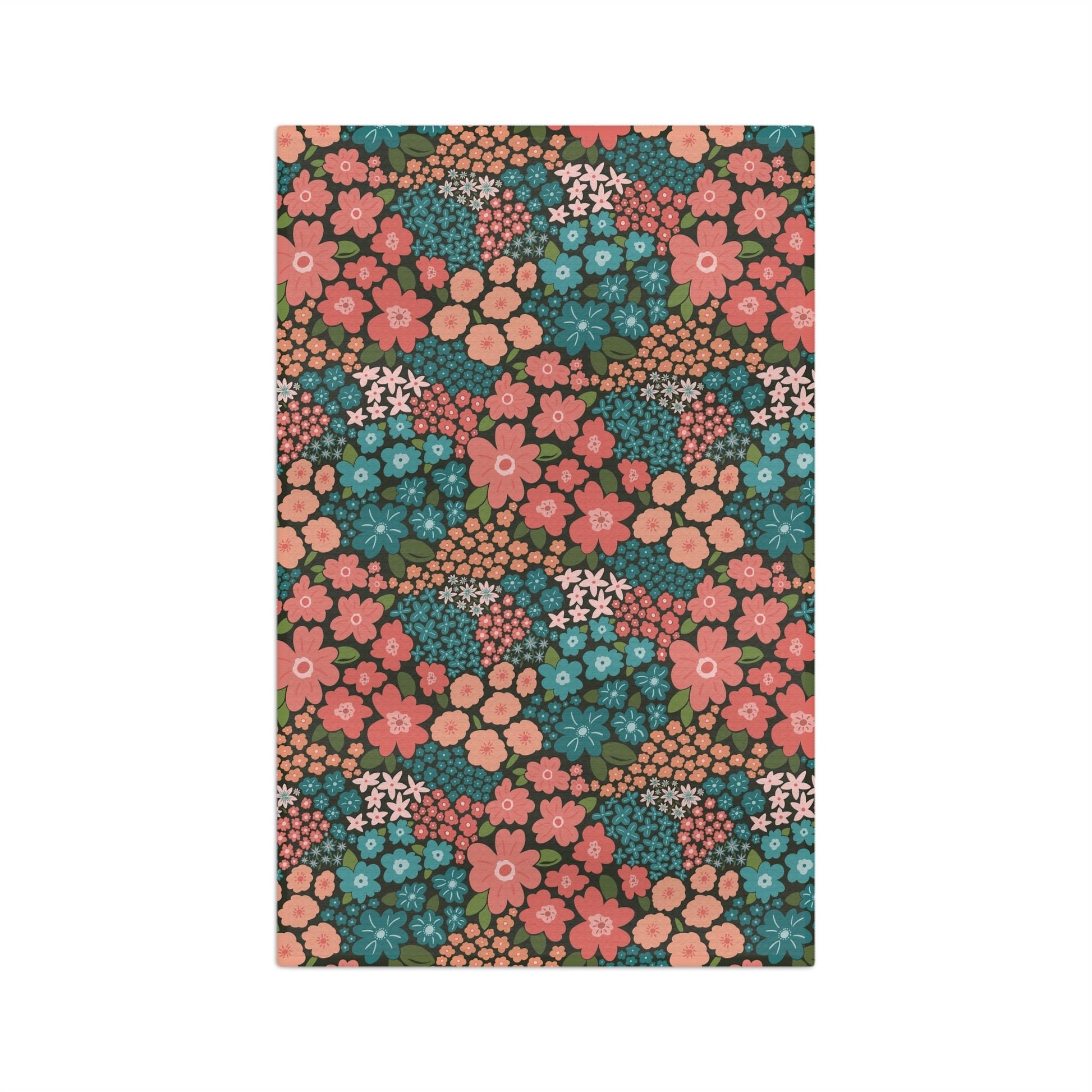 Garden Whimsy Floral in Teal & Coral on Deep Green Microfiber Waffle Kitchen Towel - Flourish Moon Studio