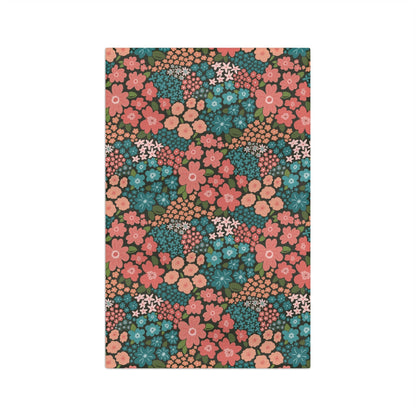 Garden Whimsy Floral in Teal & Coral on Deep Green Microfiber Waffle Kitchen Towel - Flourish Moon Studio
