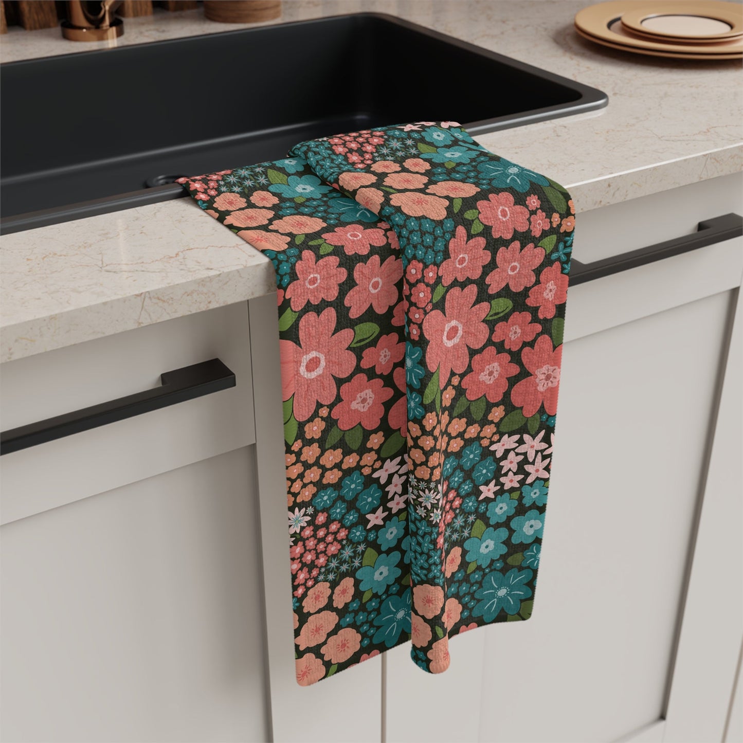 Garden Whimsy Floral in Teal & Coral on Deep Green Microfiber Waffle Kitchen Towel - Flourish Moon Studio