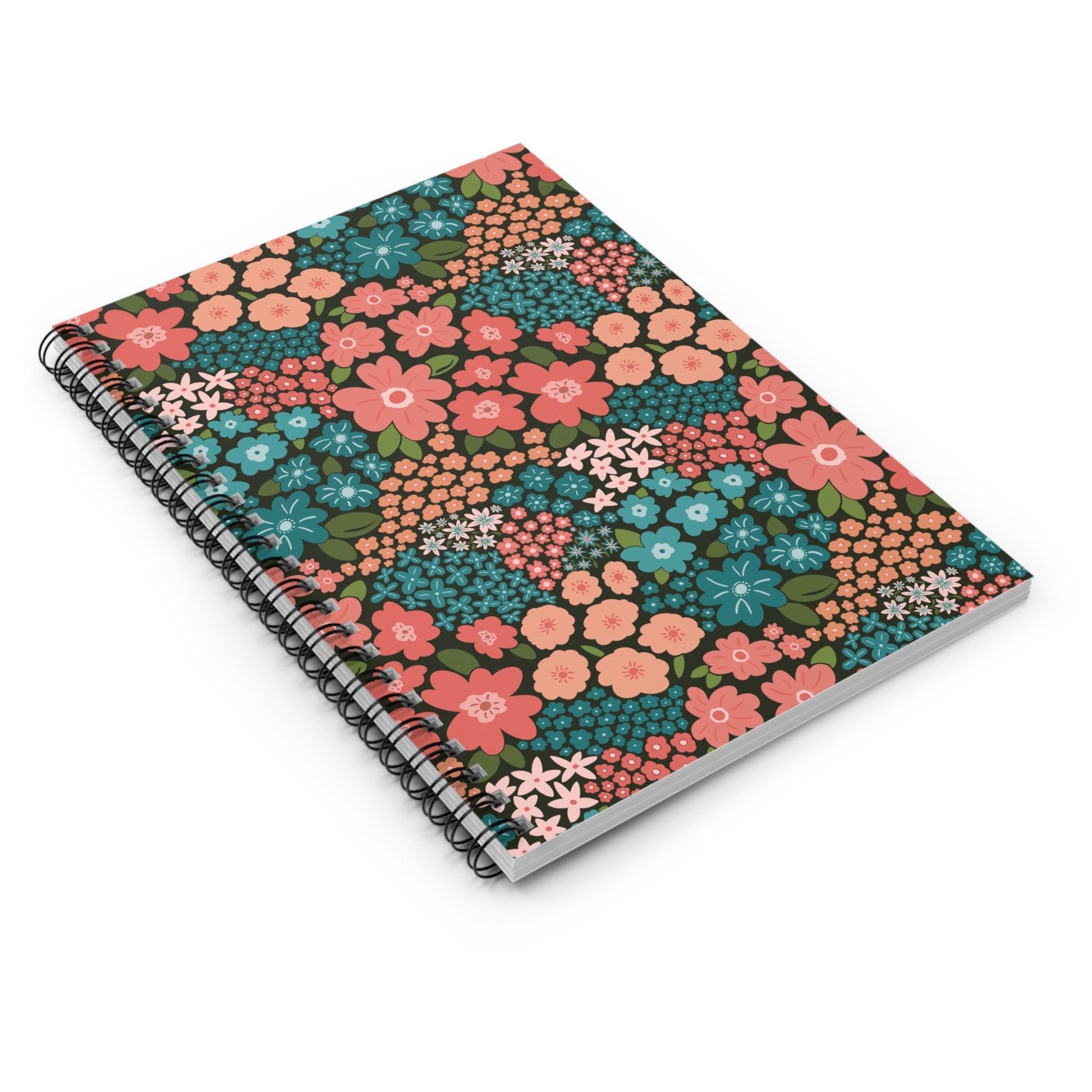 Garden Whimsy Floral in Teal & Coral on Deep Green Spiral Notebook with hand - drawn artwork - Flourish Moon Studio